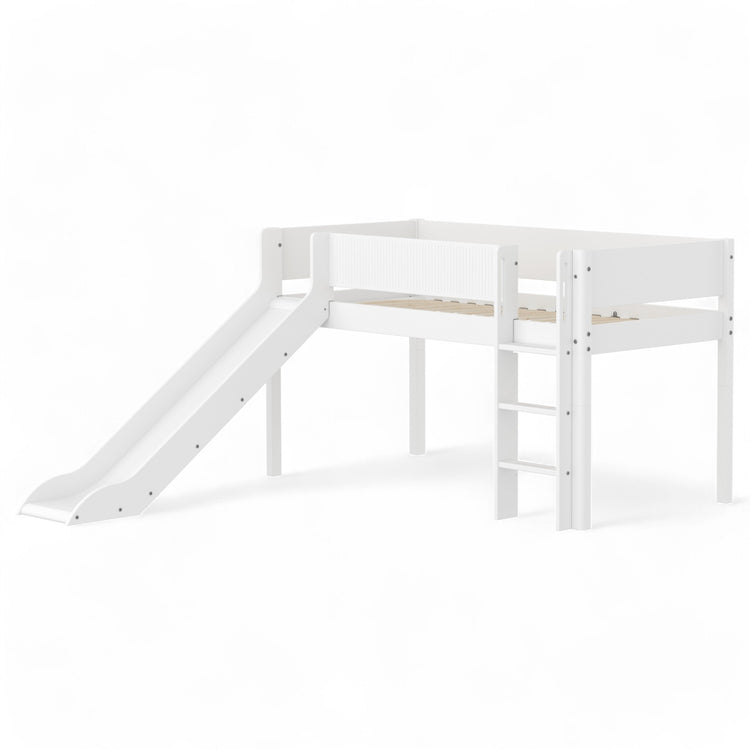 Flexa. Mid-high bed with straight ladder, slide and safety rail with grooves. Made of MDF and solid pine.