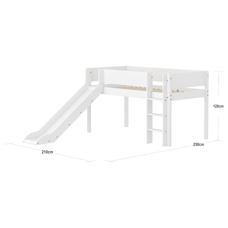 Flexa. Mid-high bed with straight ladder, slide and safety rail with grooves. Made of MDF and solid pine.