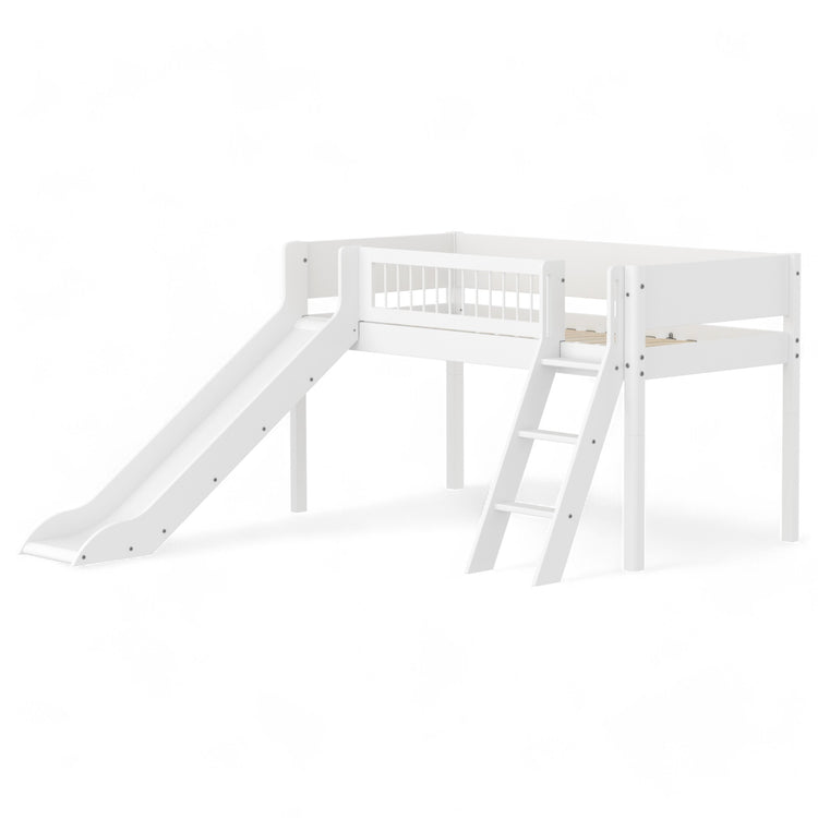 Flexa. Mid-high bed with slanting ladder, slide and safety rail with cross bars. Made of MDF and solid pine.