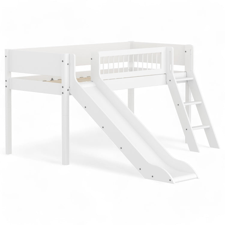 Flexa. Mid-high bed with slanting ladder, slide and safety rail with cross bars. Made of MDF and solid pine.