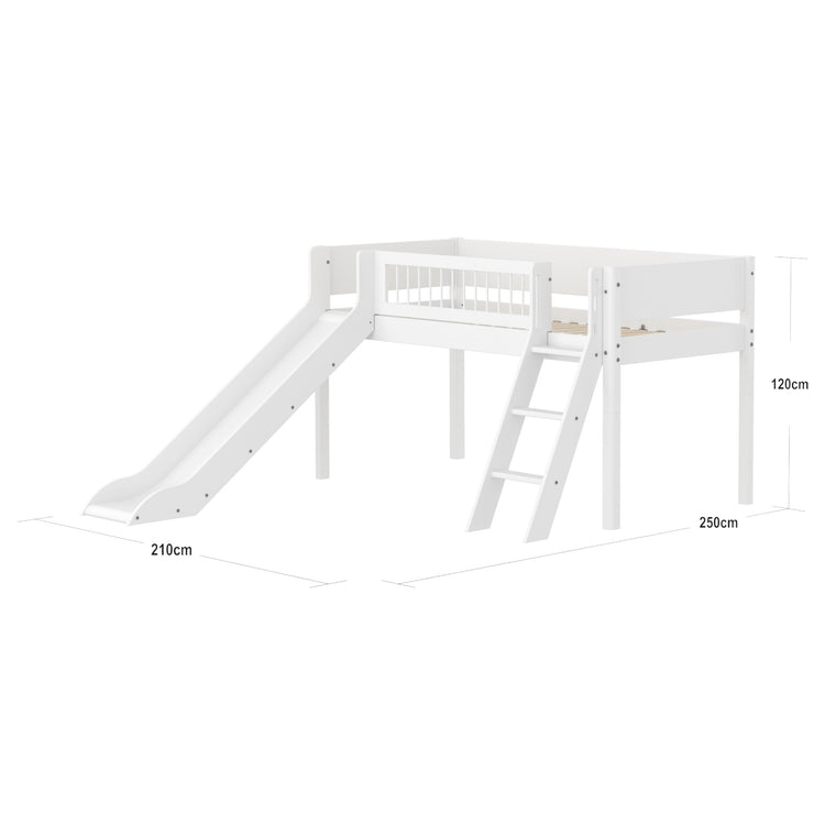 Flexa. Mid-high bed with slanting ladder, slide and safety rail with cross bars. Made of MDF and solid pine.