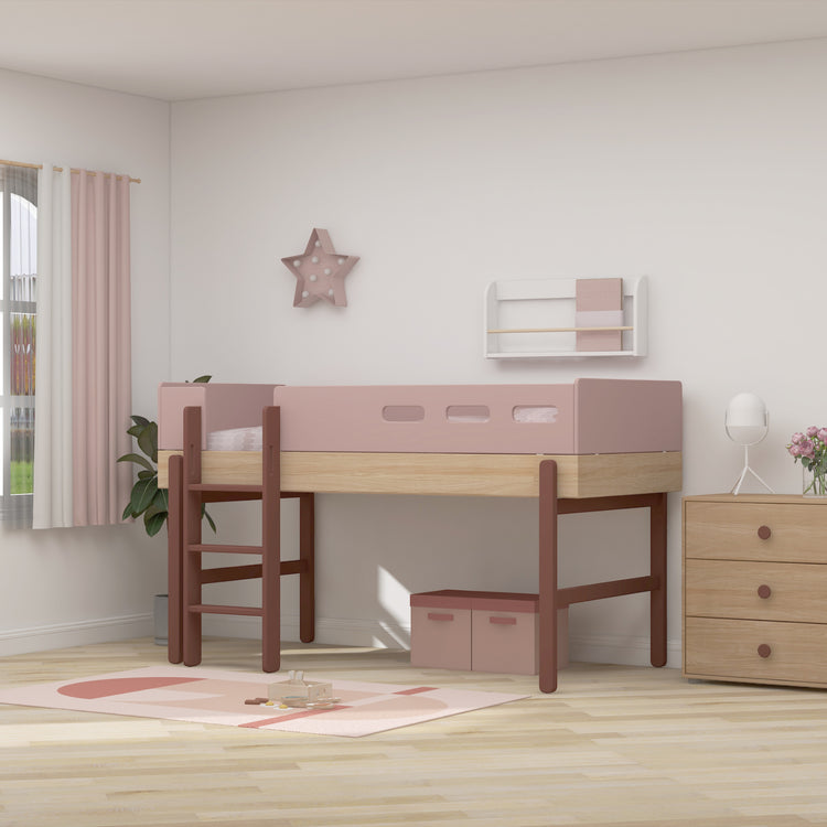 Flexa. Popsicle mid-high bed with straight ladder - Oak / Cherry
