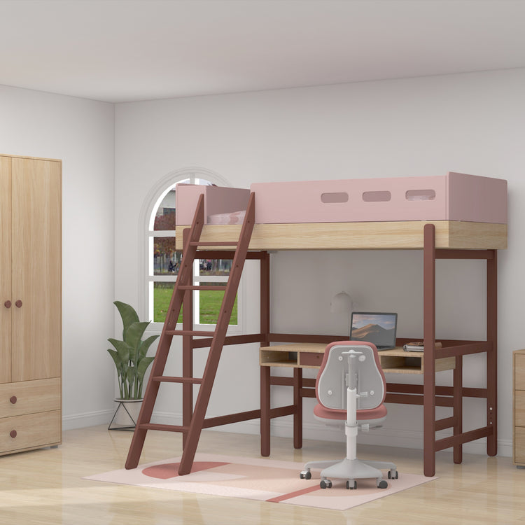 Flexa. Κρεβάτι ψηλό Popsicle με κεκλιμένη σκάλα - Δρυς /αποχρώσεις ροζ