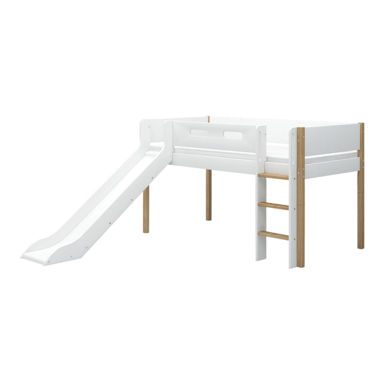 Flexa. Nor mid-high bed with straight ladder and slide - 210cm - White / Oak