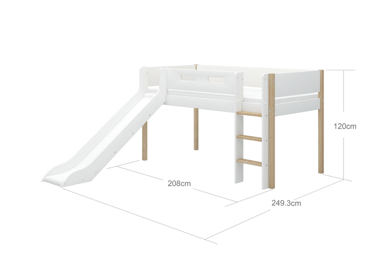 Flexa. Nor mid-high bed with straight ladder and slide - 210cm - White / Oak