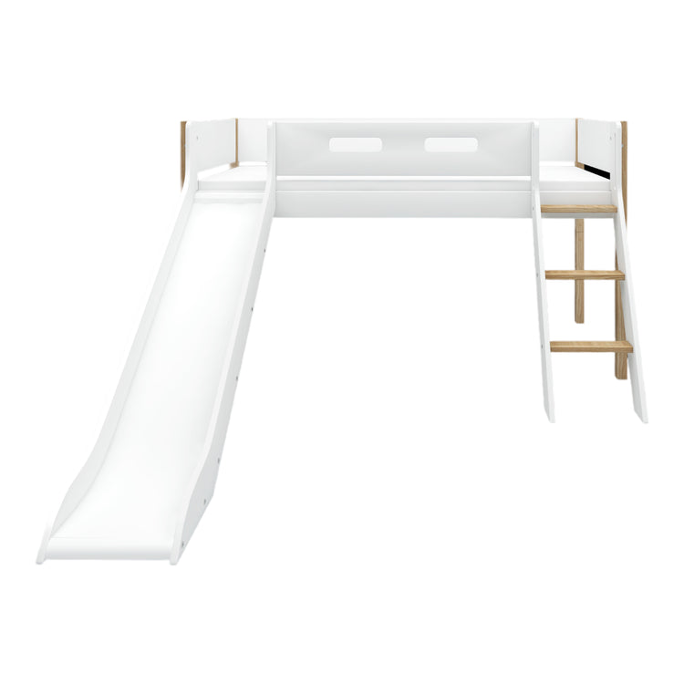 Flexa. Nor mid-high bed with slanting ladder and slide - 210cm - White / Oak