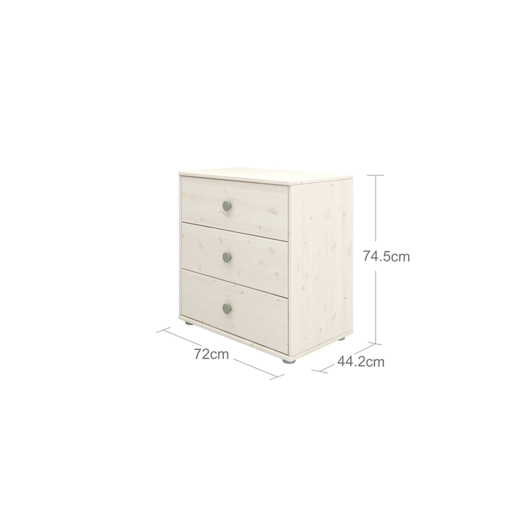 Flexa. Classic chest with 3 drawers and natural green knobs  - White washed