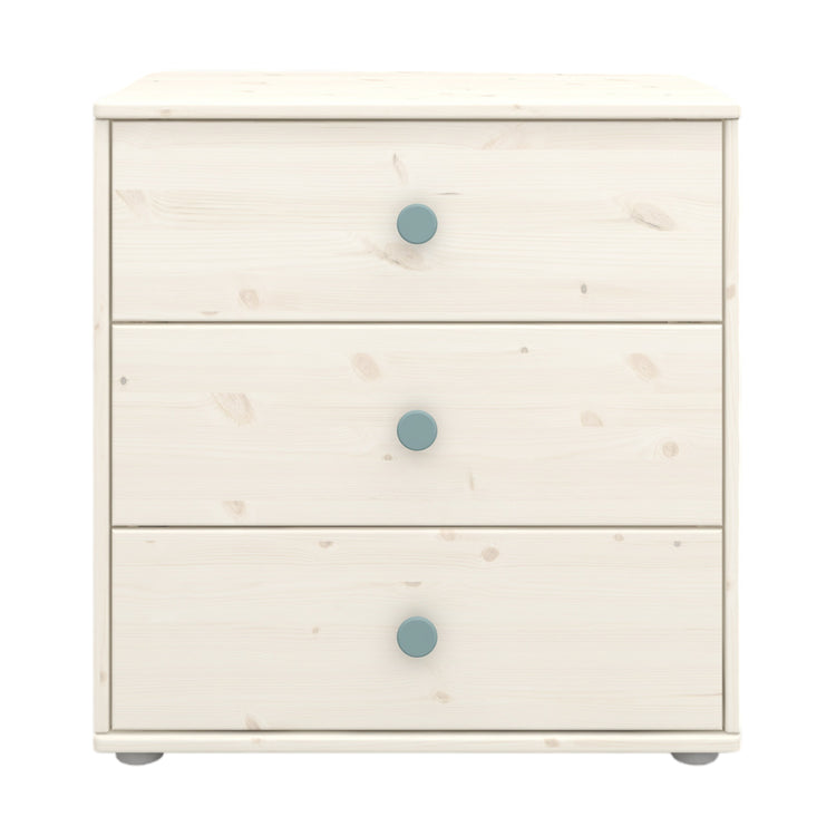 Flexa. Classic chest with 3 drawers and light teal knobs  - White washed