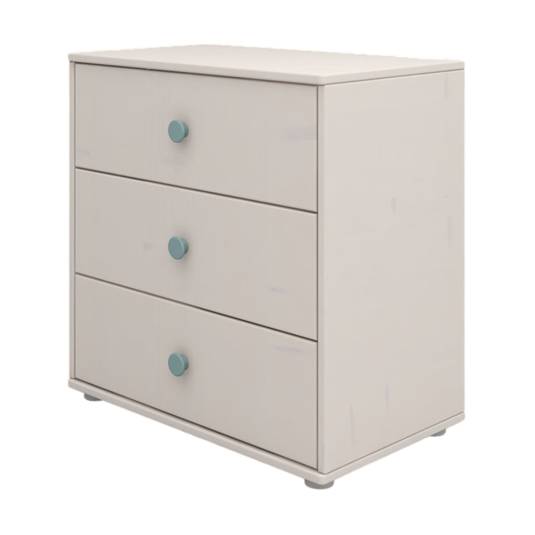 Flexa. Classic chest with 3 drawers and light teal knobs  - Grey washed