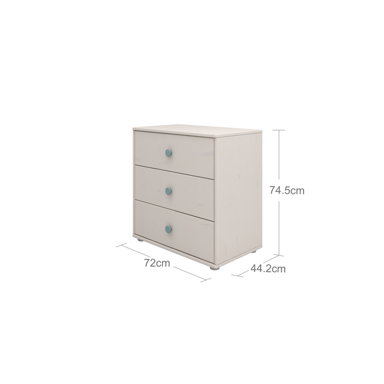 Flexa. Classic chest with 3 drawers and light teal knobs  - Grey washed