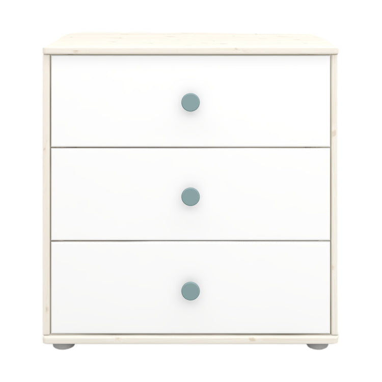 Flexa. Classic chest with 3 drawers and natural blue knobs  - White washed