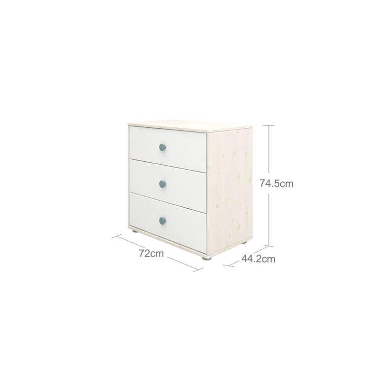 Flexa. Classic chest with 3 drawers and natural blue knobs  - White washed