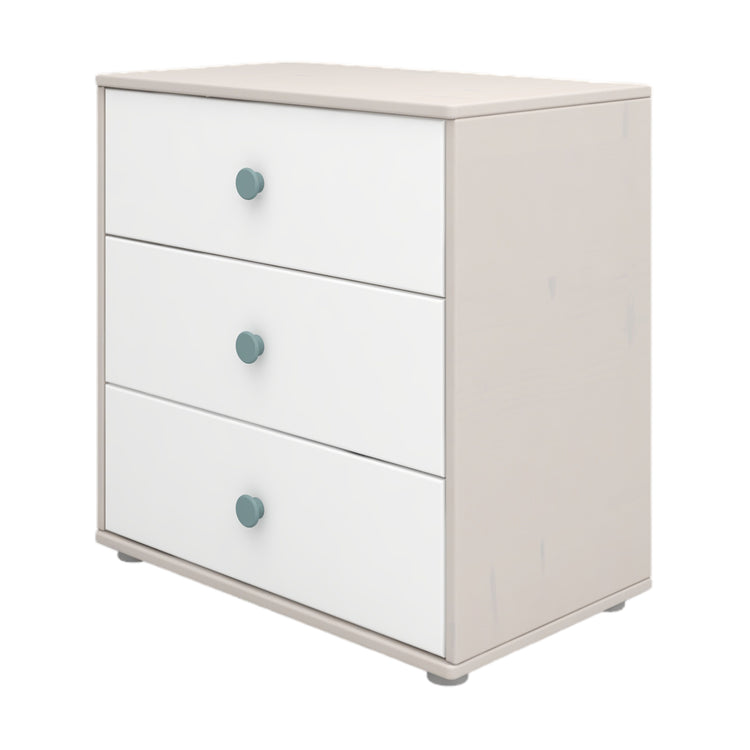 Flexa. Classic chest with 3 drawers and light teal knobs  - Grey washed