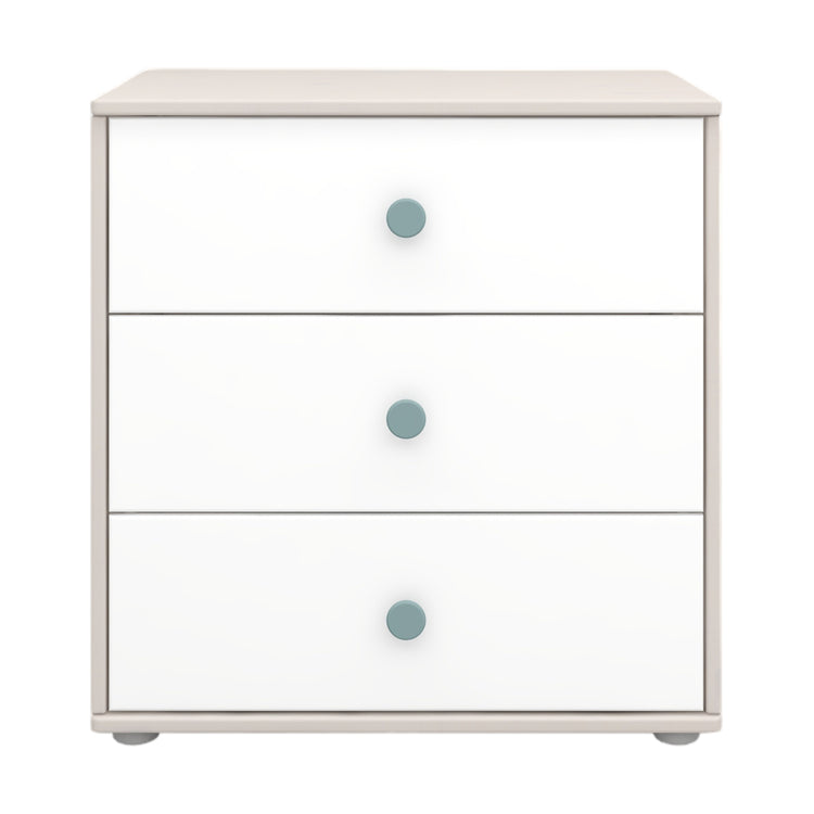 Flexa. Classic chest with 3 drawers and light teal knobs  - Grey washed