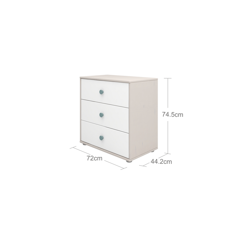 Flexa. Classic chest with 3 drawers and light teal knobs  - Grey washed