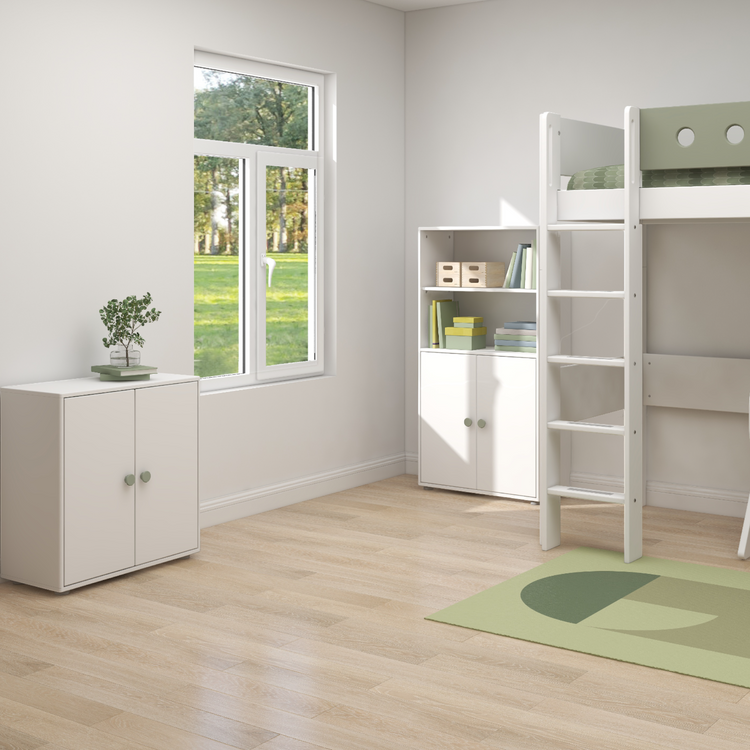 Flexa. Roomie mini bookcase with two doors and natural green knobs - White