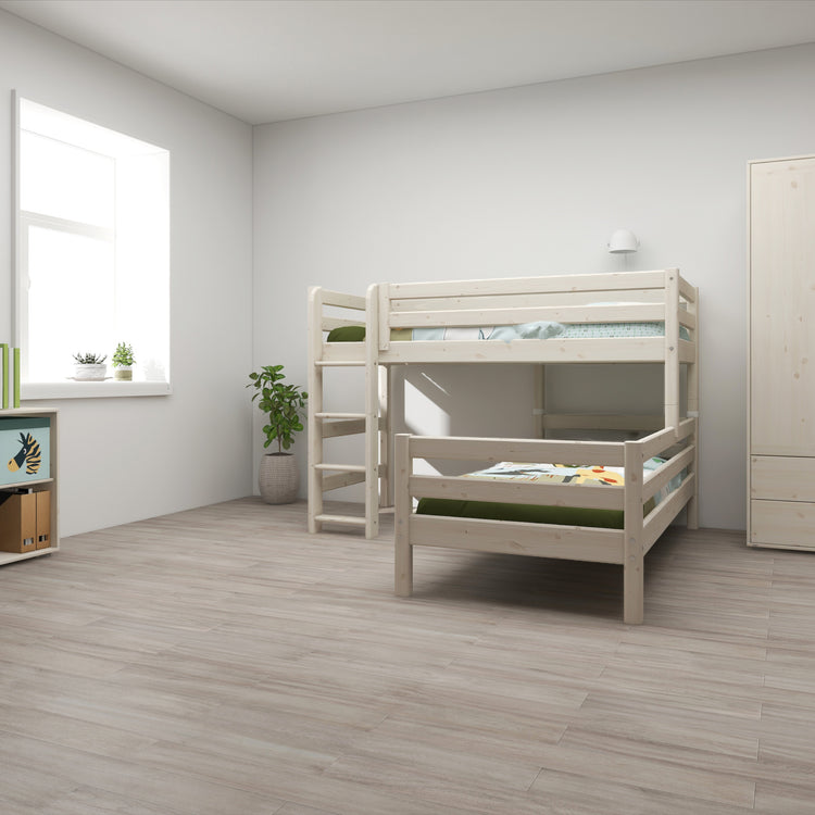 Flexa. Classic semi-high bed with single Classic bed and straight ladder - 200cm - White washed