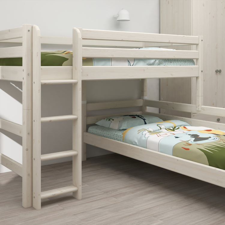 Flexa. Classic semi-high bed with single Classic bed and straight ladder - 210cm - White washed