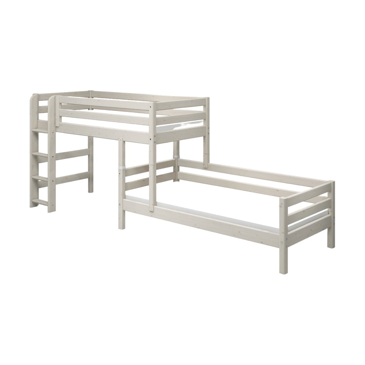 Flexa. Classic semi-high bed with single Classic bed and straight ladder - 210cm - White washed