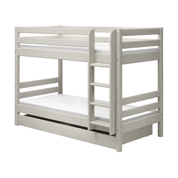 Flexa. Classic bunk bed with straight ladder and two drawers -210cm - White washed