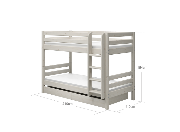 Flexa. Classic bunk bed with straight ladder and two drawers -210cm - White washed