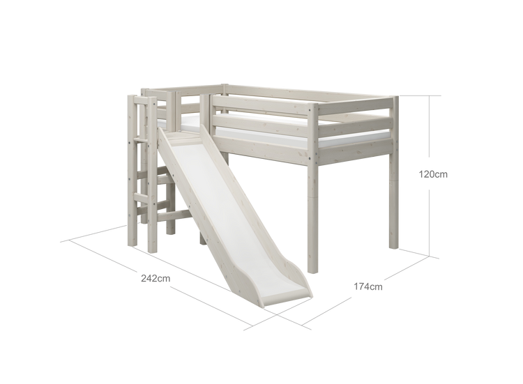 Flexa. Classic mid-high bed with platform and a slide - 210cm - White washed