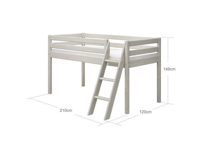 Flexa. Classic mid-high bed with slanting ladder - 210cm - White washed