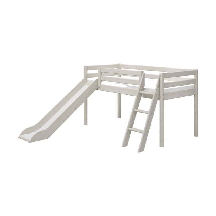 Flexa. Classic mid-high bed with slanting ladder and a slide - 210cm - White washed