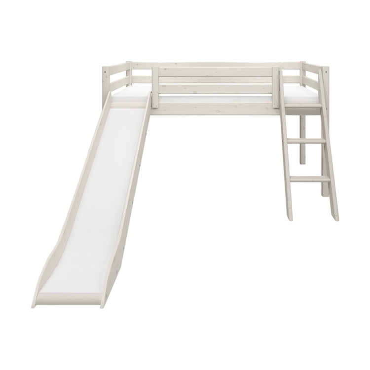 Flexa. Classic mid-high bed with slanting ladder and a slide - 210cm - White washed