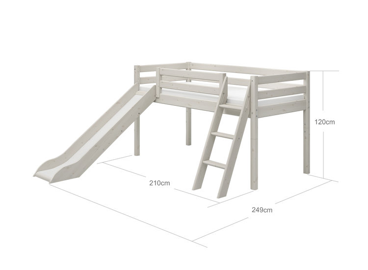 Flexa. Κρεβάτι μεσαίου ύψος Classic με κεκλιμένη σκάλα και τσουλήθρα - 210εκ - Λευκό ντεκαπέ