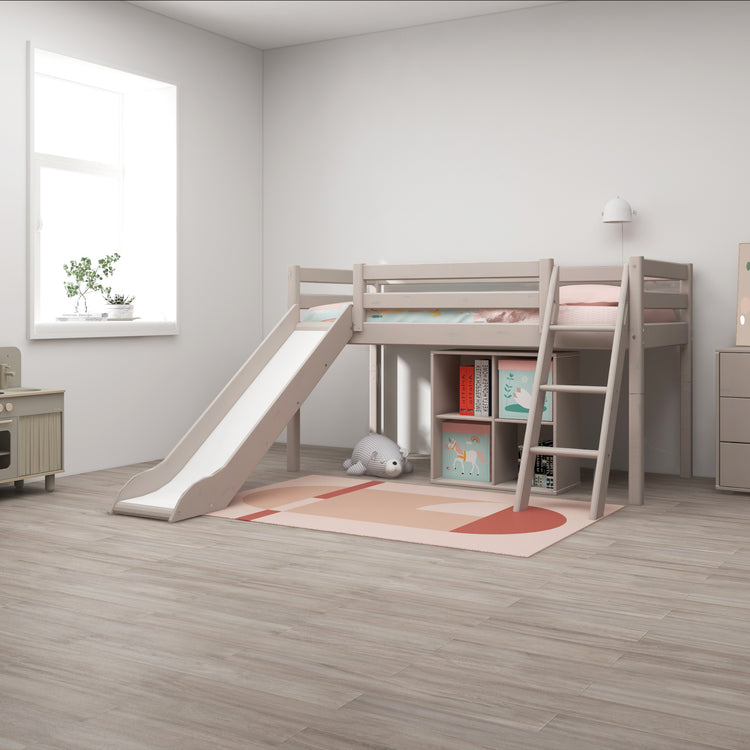 Flexa. Classic mid-high bed with slanting ladder and a slide - 210cm - Grey washed