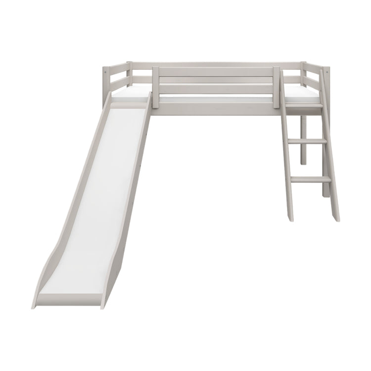 Flexa. Classic mid-high bed with slanting ladder and a slide - 210cm - Grey washed