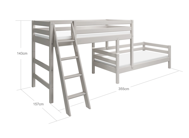 Flexa. Classic semi-high bed with single Classic bed and slanting ladder - 200cm - Grey washed