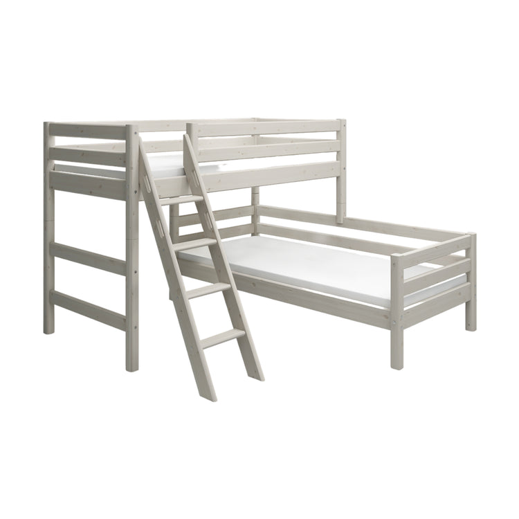 Flexa. Classic semi-high bed with single Classic bed and slanting ladder - 210cm - White washed