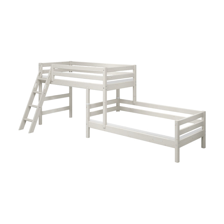 Flexa. Classic semi-high bed with single Classic bed and slanting ladder - 210cm - White washed