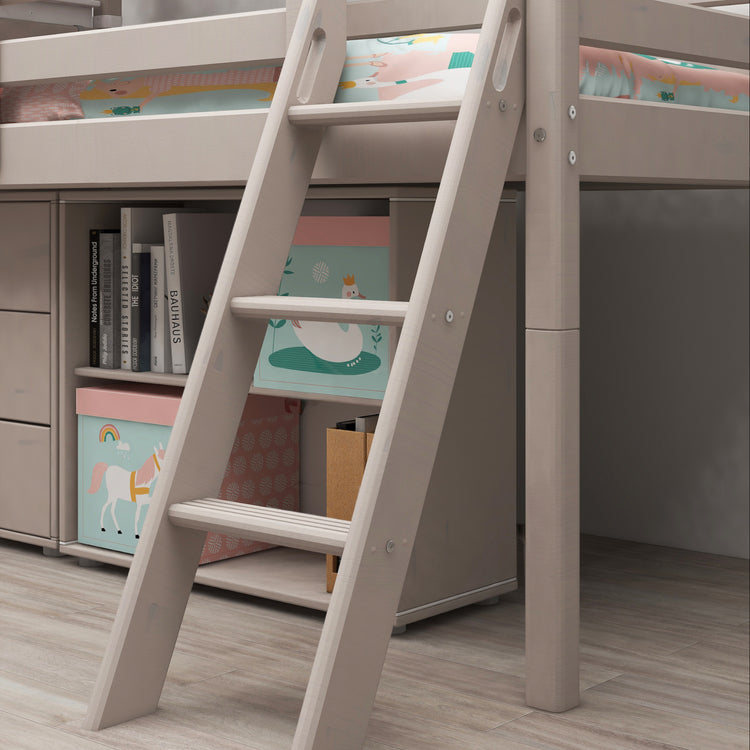 Flexa. Classic mid-high bed with house, slanting ladder - 210cm - Grey washed