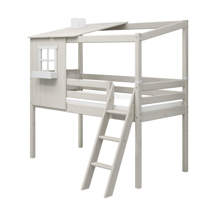 Flexa. Classic mid-high bed with 1/2 house, slanting ladder - 210cm - White washed