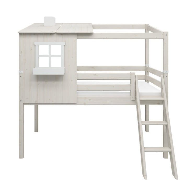Flexa. Classic mid-high bed with 1/2 house, slanting ladder - 210cm - White washed