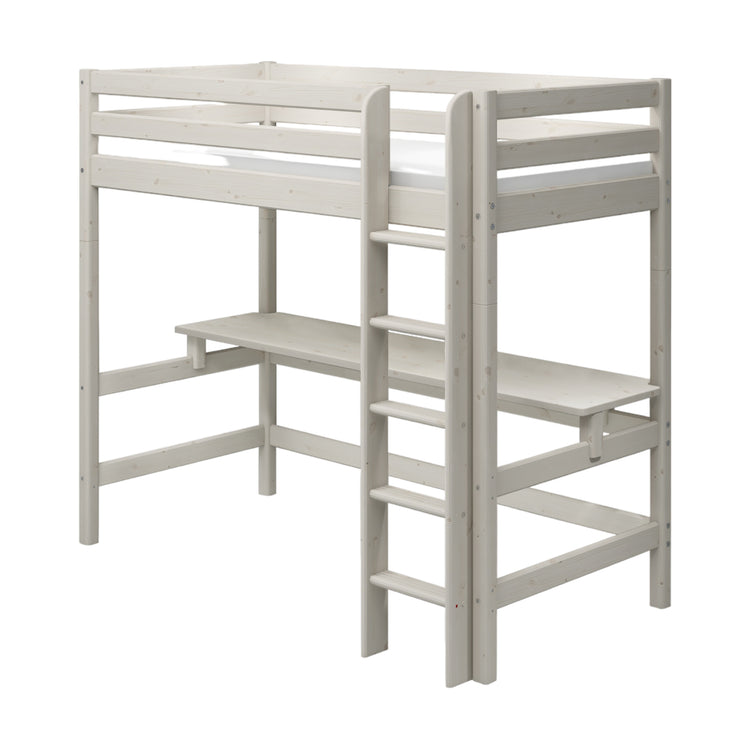 Flexa. Classic high bed with straight ladder and desk - 210cm - White washed