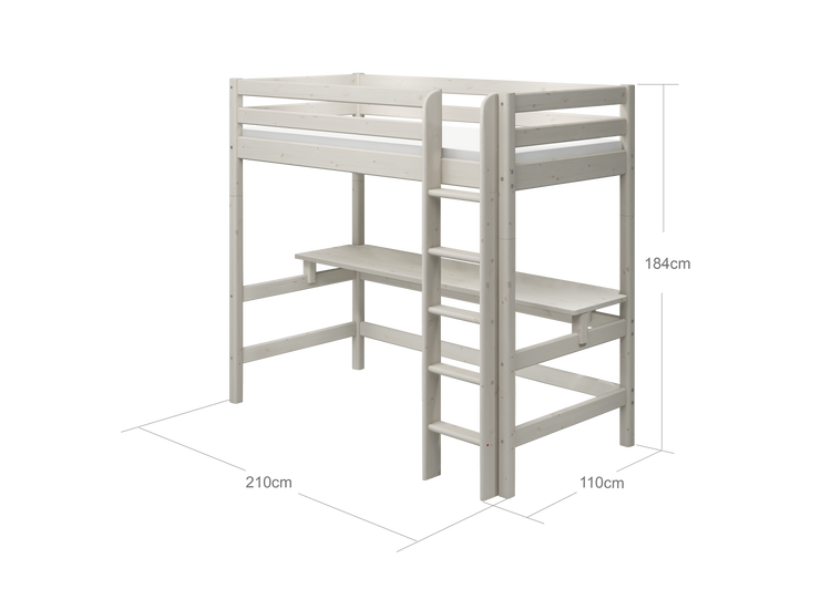 Flexa. Classic high bed with straight ladder and desk - 210cm - White washed