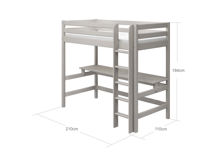 Flexa. Classic high bed with straight ladder and desk - 210cm - Grey washed