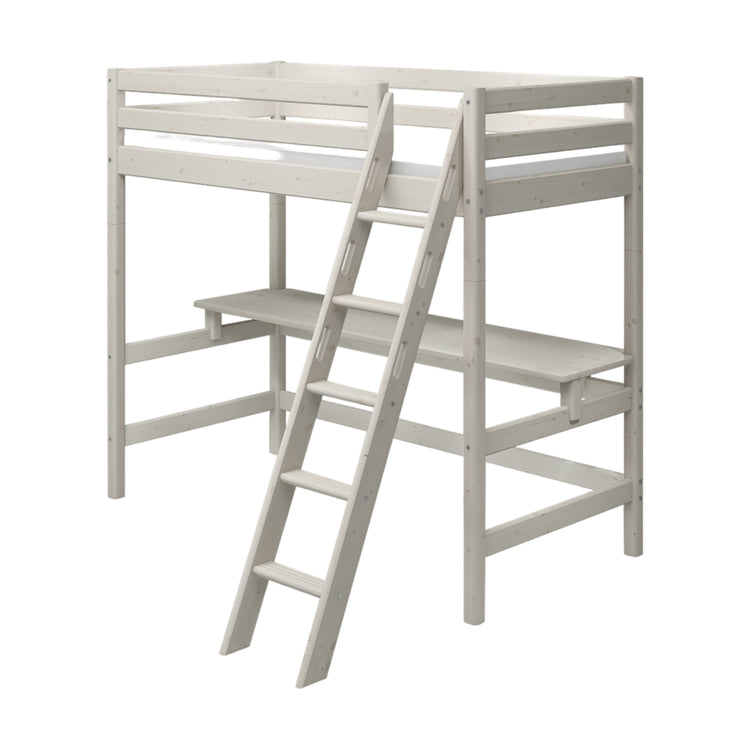 Flexa. Classic high bed with slanting ladder and desk - 210cm - White washed