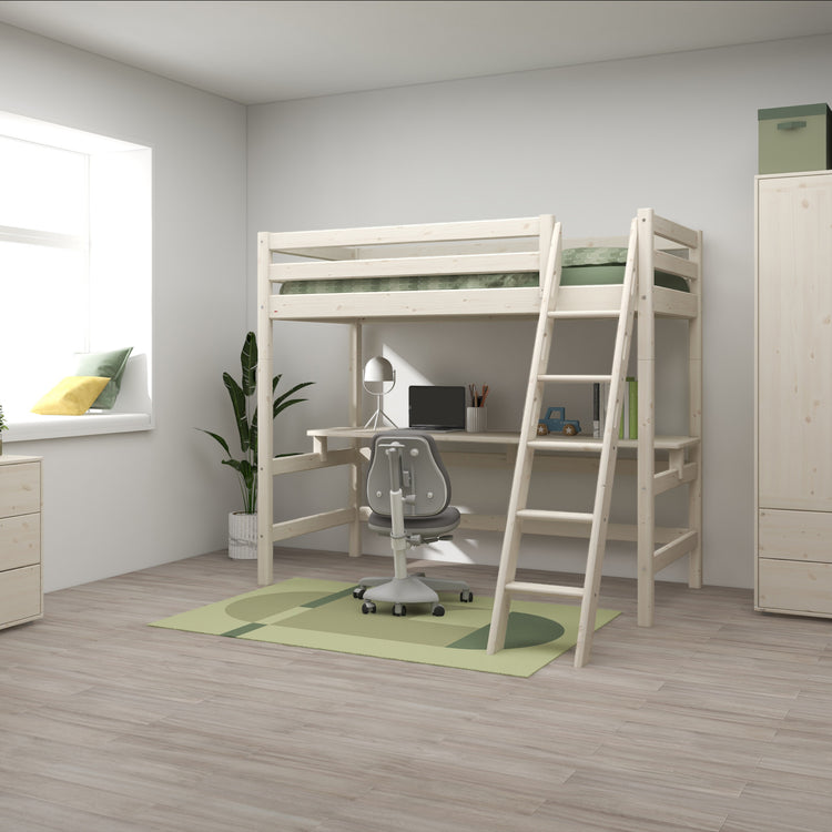 Flexa. Classic high bed with slanting ladder and desk - 210cm - White washed