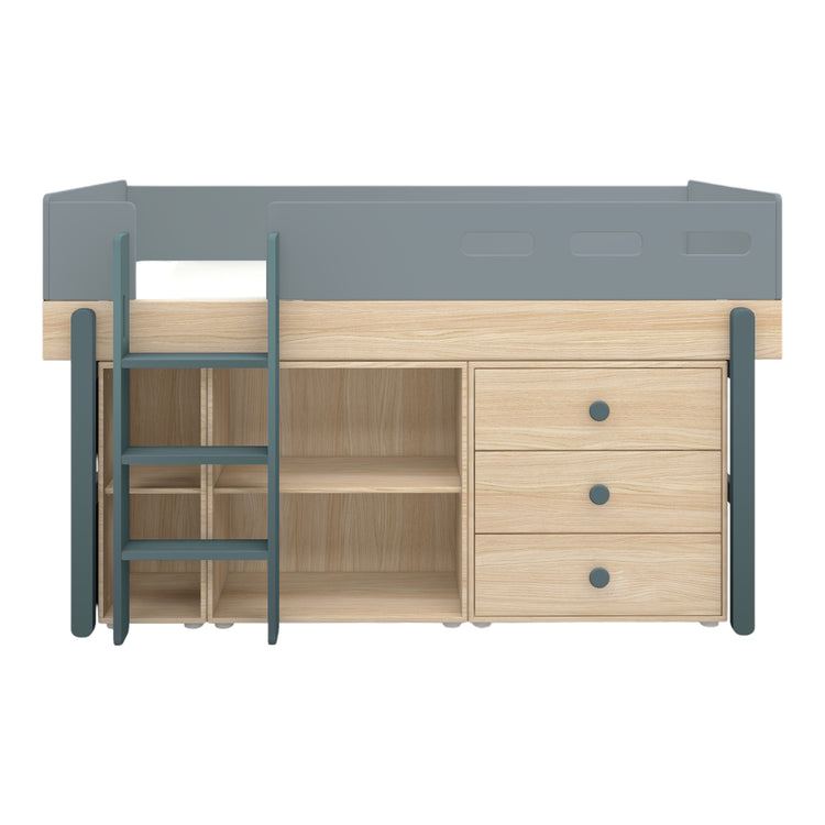Flexa. Popsicle mid-high bed with straight ladder and storage - Oak / Blueberry