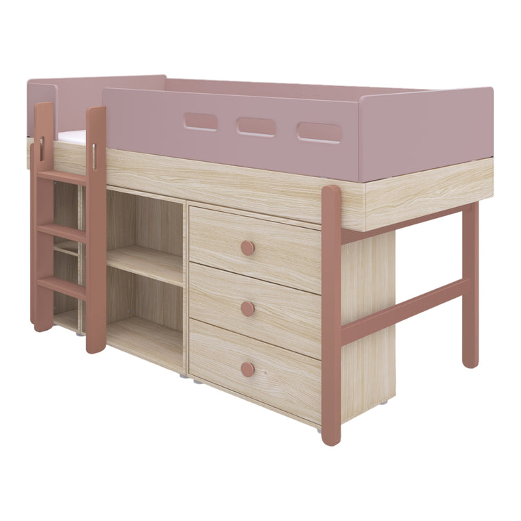 Flexa. Popsicle mid-high bed with straight ladder and storage - Oak / Cherry