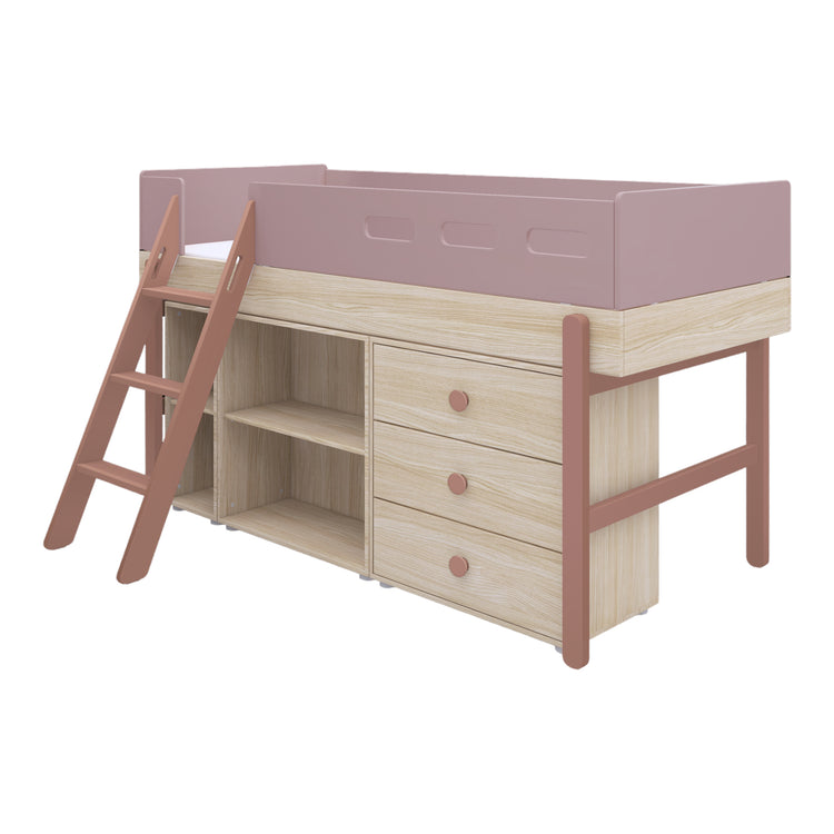 Flexa. Popsicle mid-high bed with slanting ladder and storage - Oak / Cherry