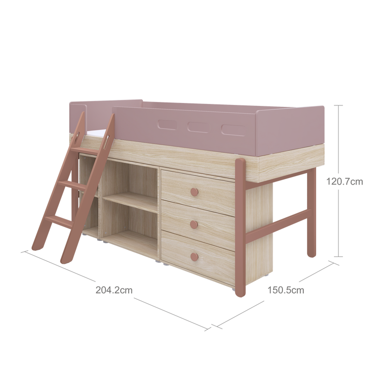 Flexa. Popsicle mid-high bed with slanting ladder and storage - Oak / Cherry