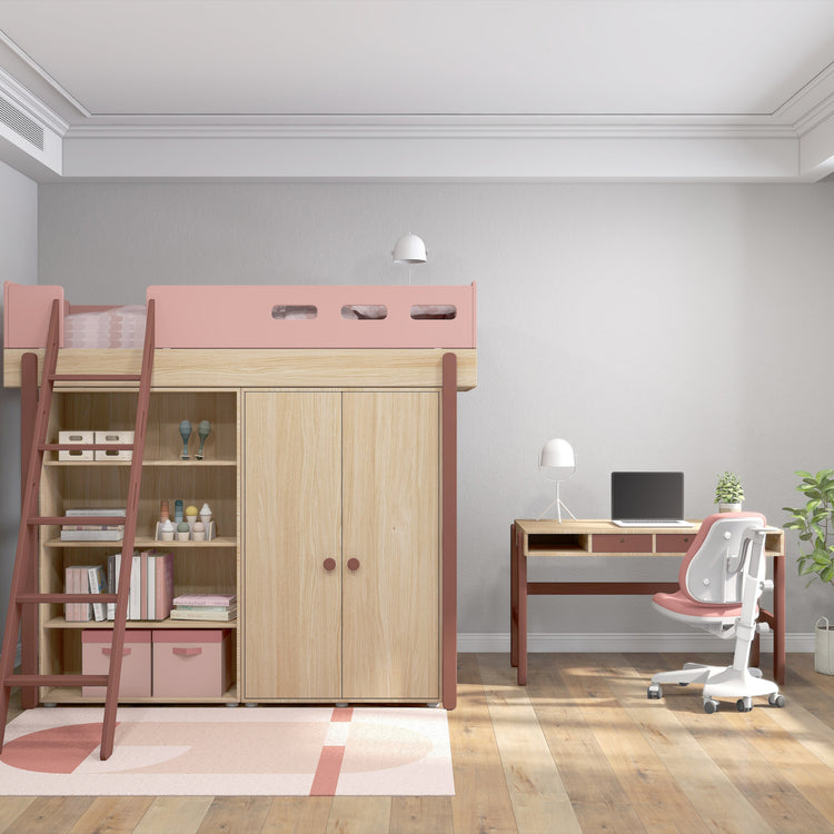 Flexa. Popsicle high bed with slanting ladder and storage - Oak / Cherry