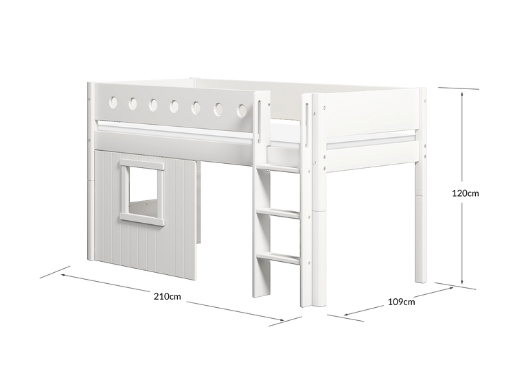 Flexa. White mid-high bed with straight ladder and treehouse bed Fronts - 210cm - White