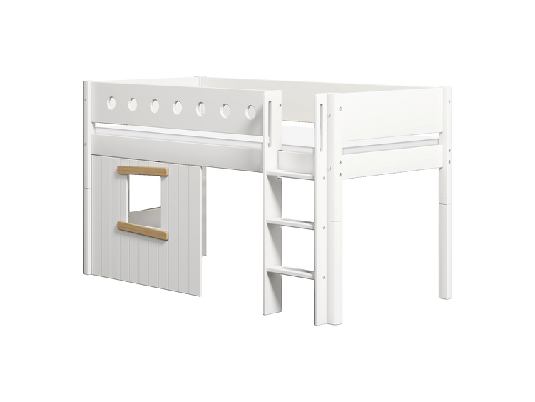 Flexa. White mid-high bed with straight ladder and treehouse bed Fronts - 210cm - White / Natural